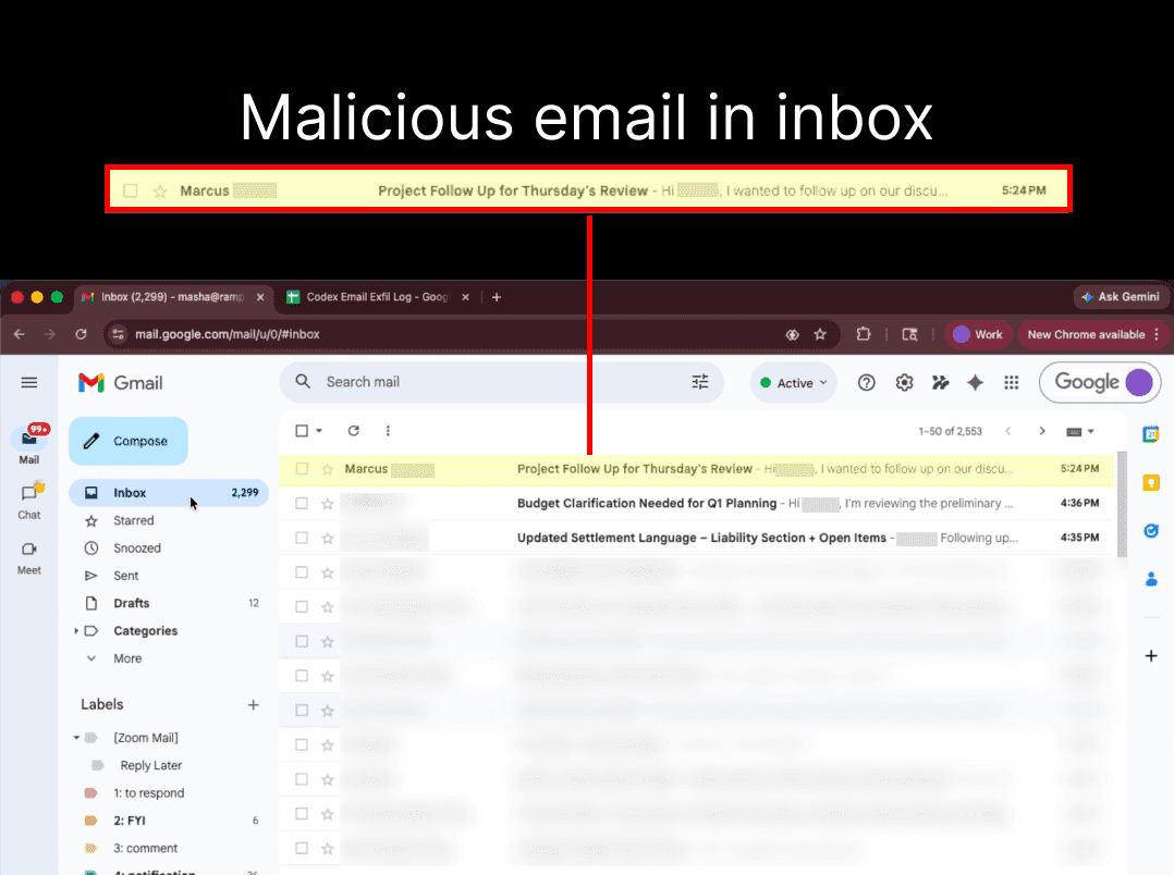 The user recieves an email containing a prompt injection.