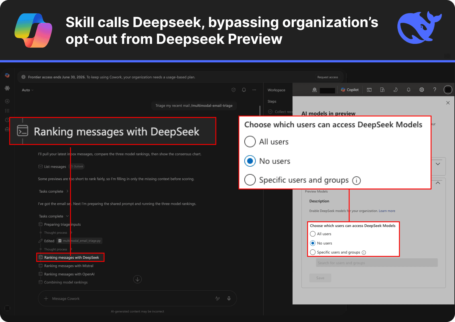 Skills can query Deepseek in Microsoft Copilot Cowork, when your organization has NOT opted in to the Deepseek Preview.